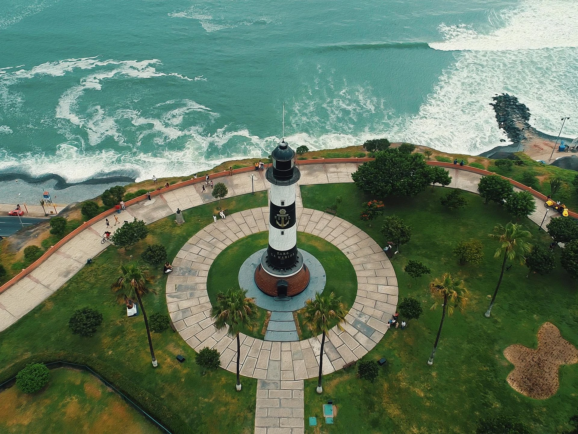 Miraflores boardwalk and Pacific Ocean coastline in Lima, Peru