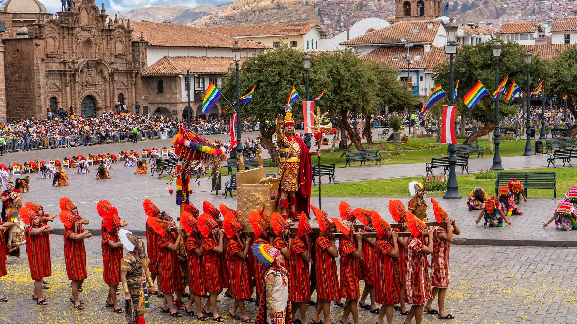 Procession of the Inca and Coya at Plaza de Armas in Cusco during Inti Raymi