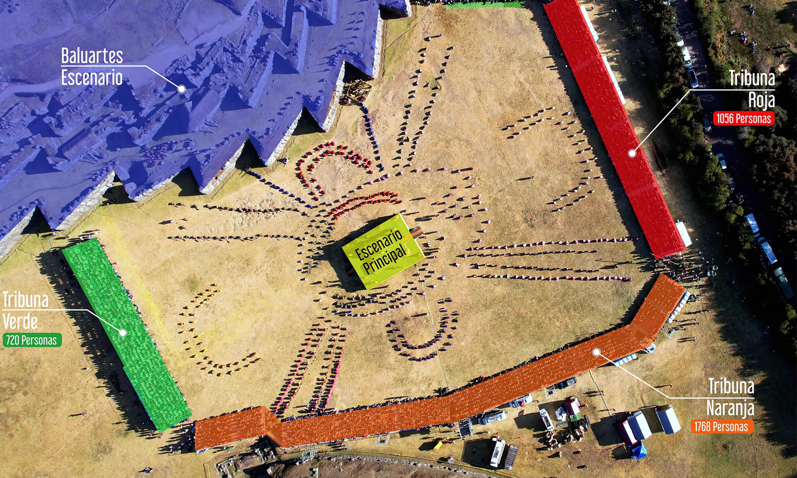 Distribution of the Orange, Red, and Green grandstands at Sacsayhuamán during Inti Raymi