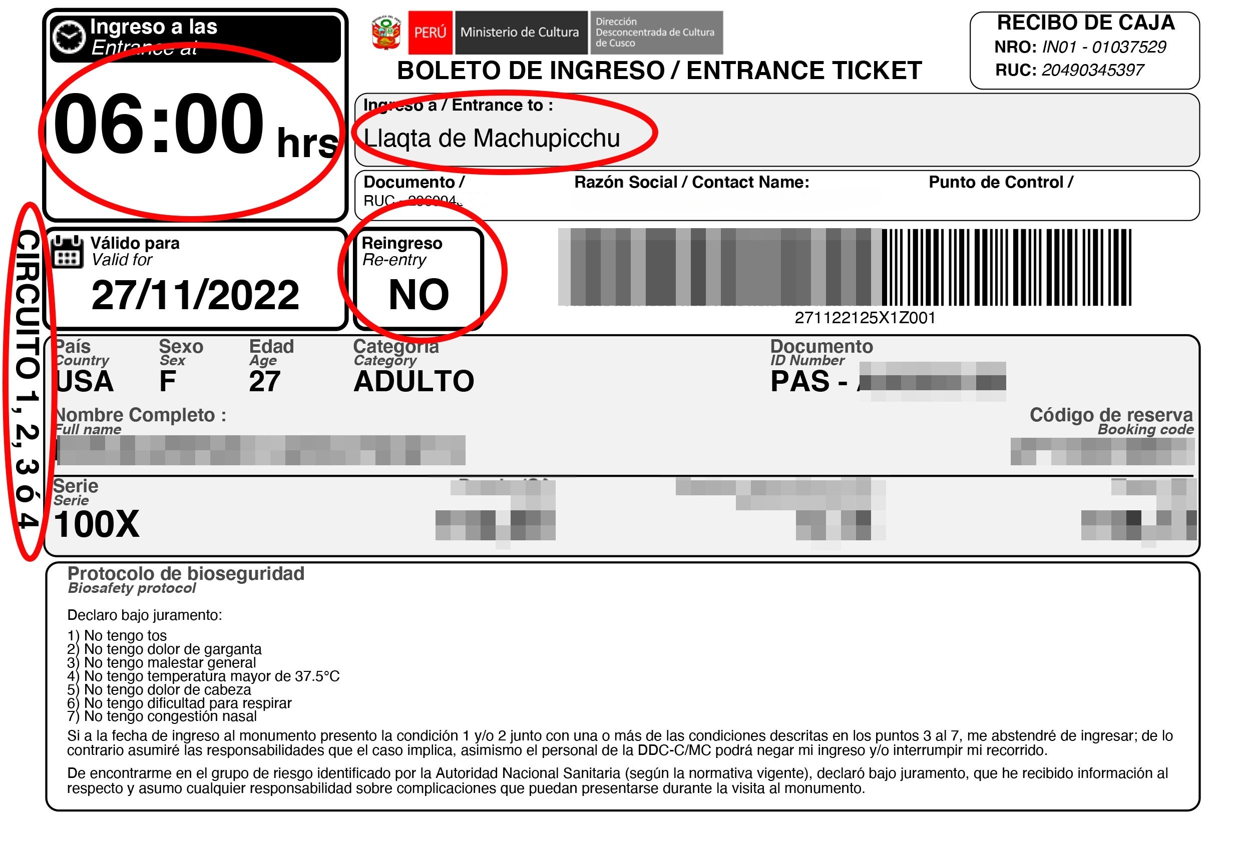 Traveler entering Machu Picchu citadel with entrance ticket and passport in Peru